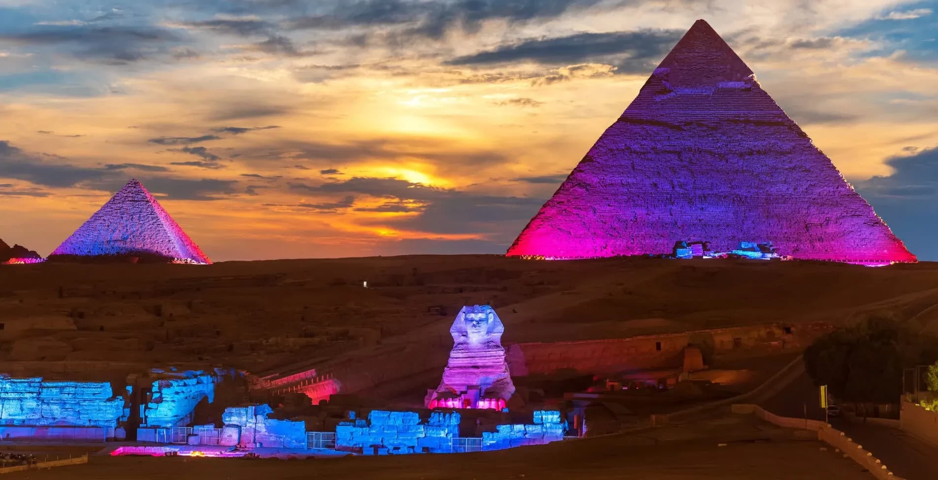 Giza Pyramids illuminated during the Sound and Light Show in Cairo, Egypt