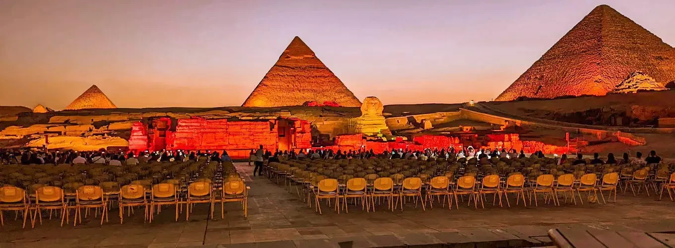 Great Pyramids of Giza lit up during the evening Sound and Light Show
